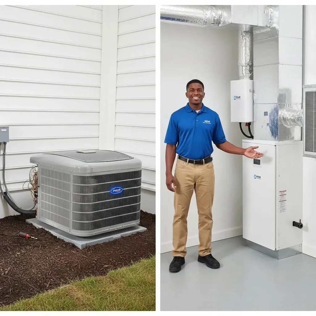 New central air conditioning condenser installed beside a home with a technician