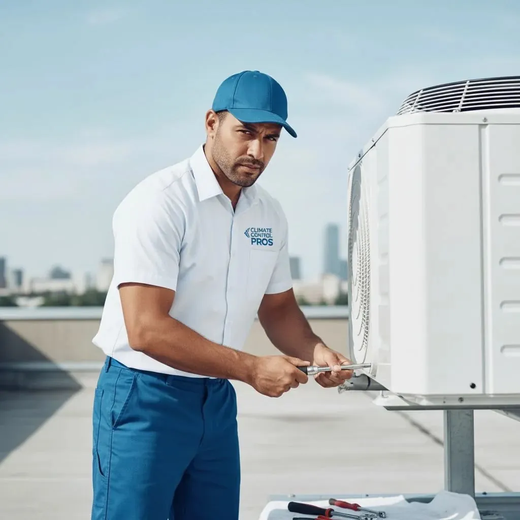 Technician servicing a commercial rooftop HVAC unit