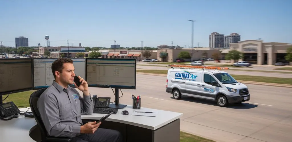 Central Air dispatcher taking a service call while a company van heads out