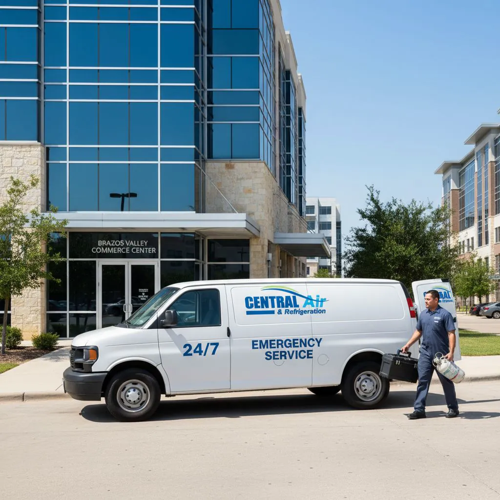 Central Air 24/7 emergency service van arriving at a commercial building