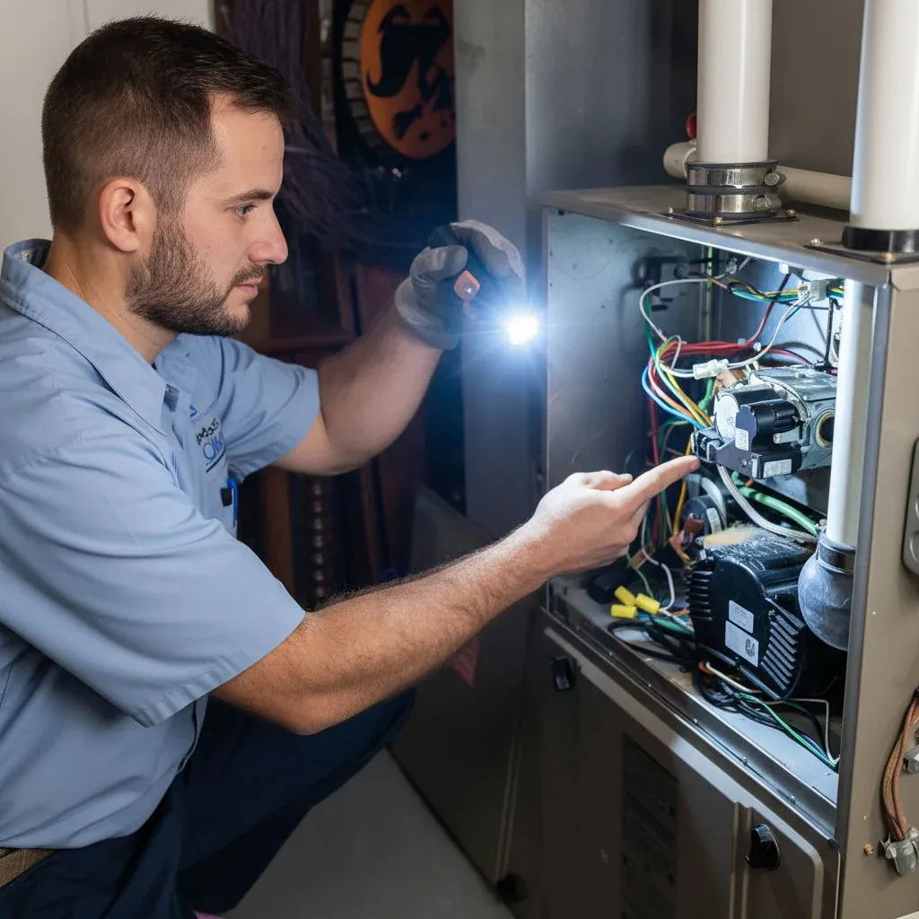 Technician inspecting a furnace control panel with a flashlight