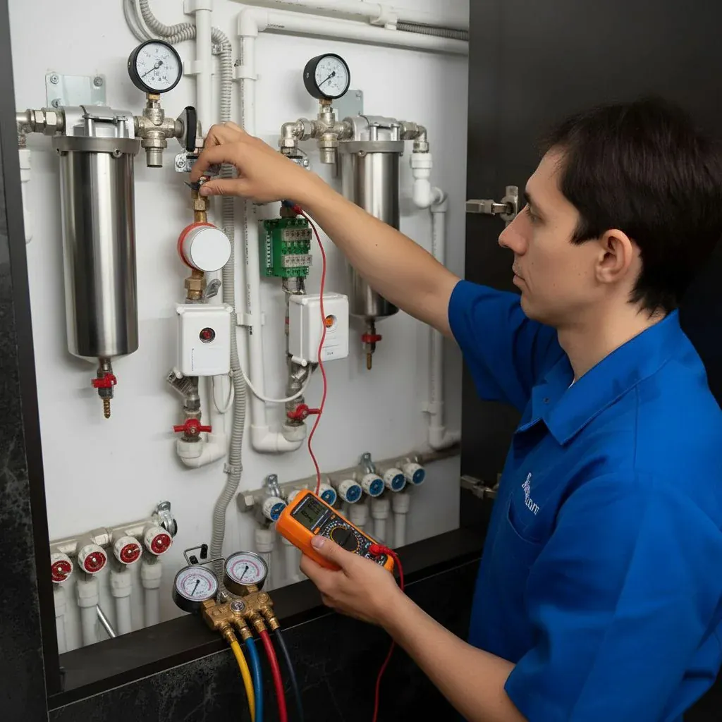 Technician using a multimeter and gauges to test a gas furnace