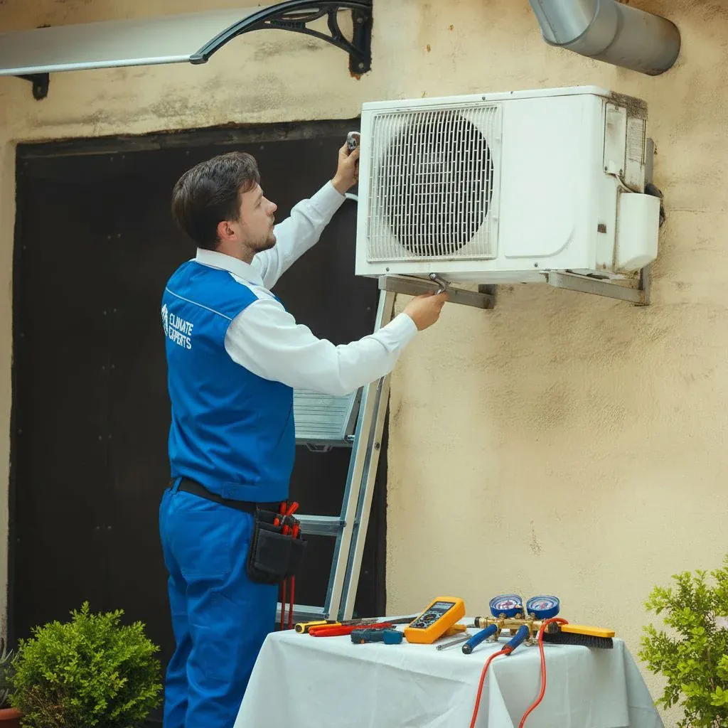 Technician installing a wall-mounted heat pump unit