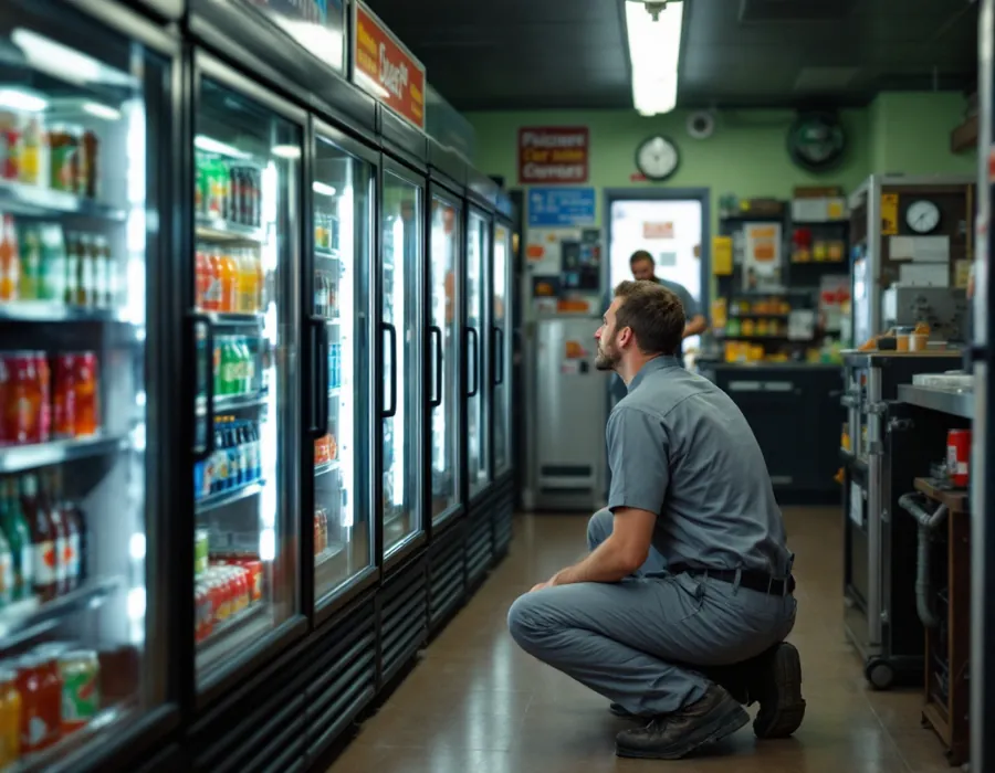 Refrigeration technician servicing beverage coolers in a convenience store