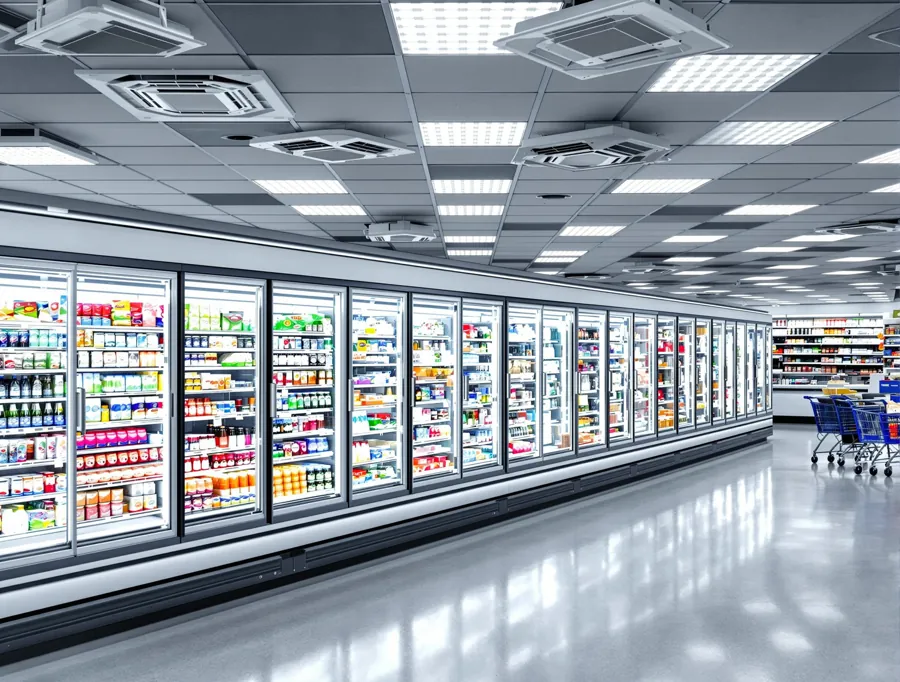 Grocery store aisle lined with refrigerated display cases
