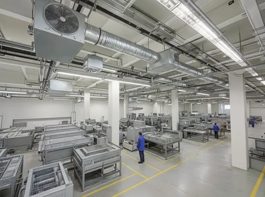 Manufacturing plant floor with overhead HVAC ductwork