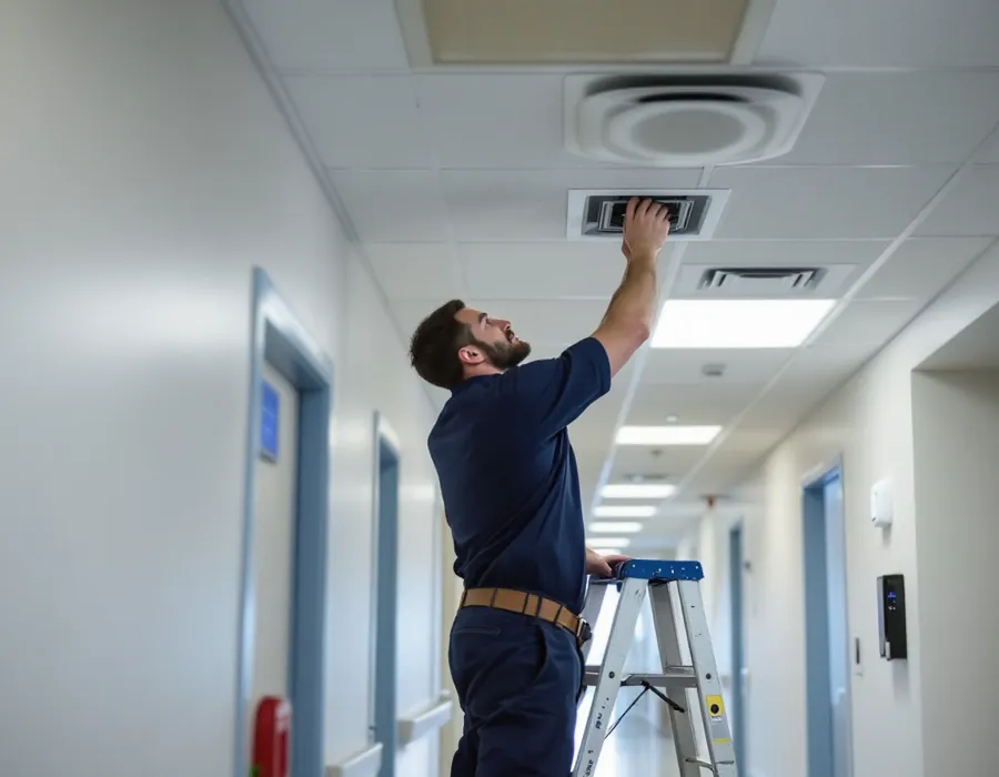 HVAC technician checking a ceiling air vent in a medical clinic hallway