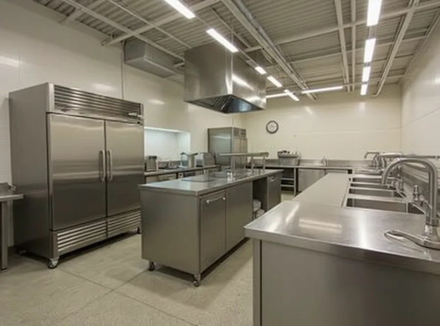 Commercial kitchen with stainless steel refrigeration and ventilation hood