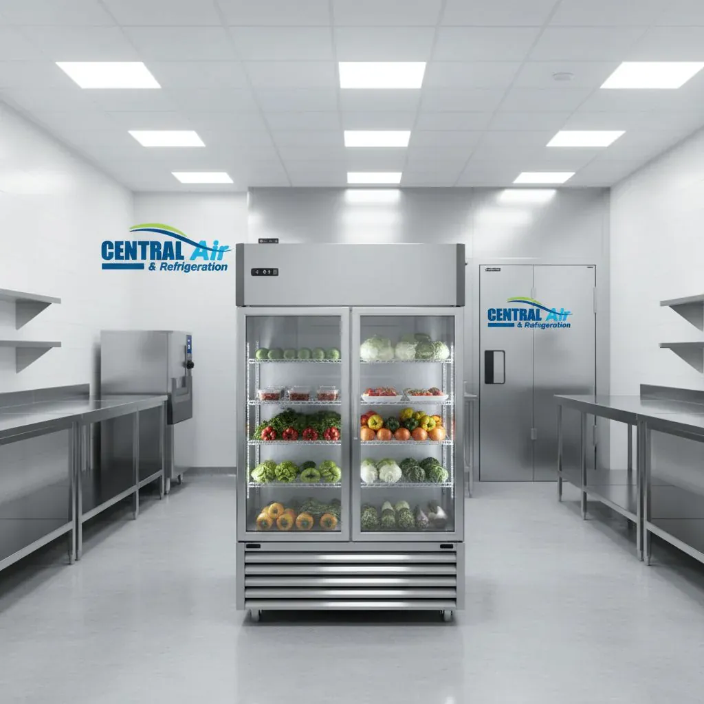 Restaurant kitchen with a stocked glass-door commercial refrigerator