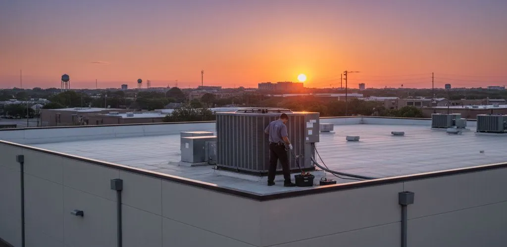 Technician servicing a commercial rooftop unit at sunset over Bryan–College Station