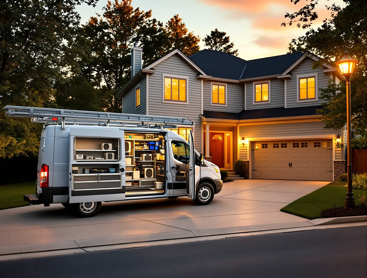 Central Air service van parked outside a Bryan home at dusk