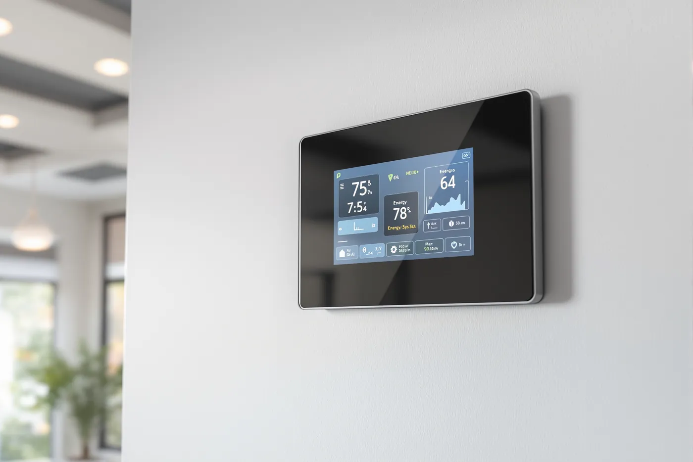 Wall-mounted smart thermostat displaying temperature and energy data