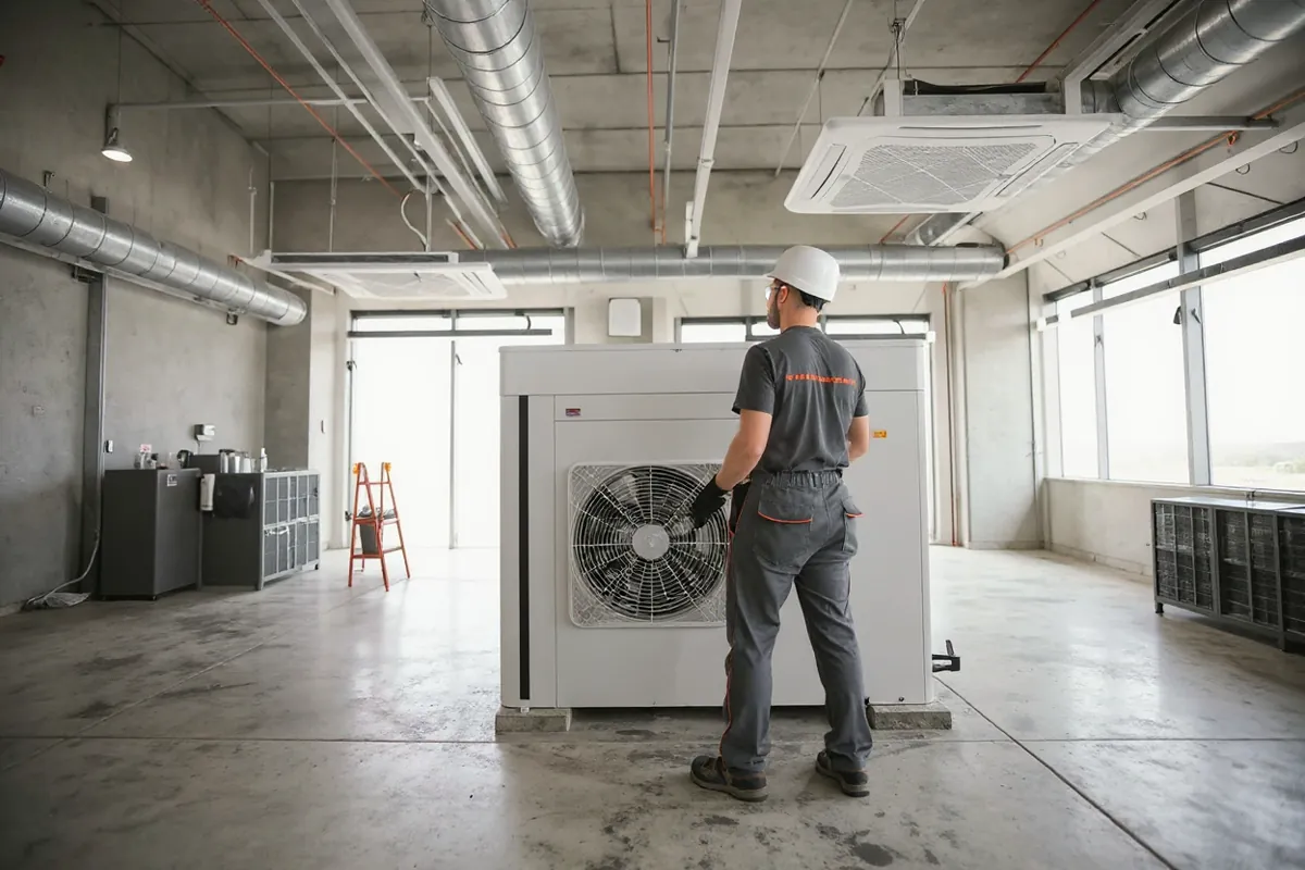 Central Air technician installing heating and cooling equipment
