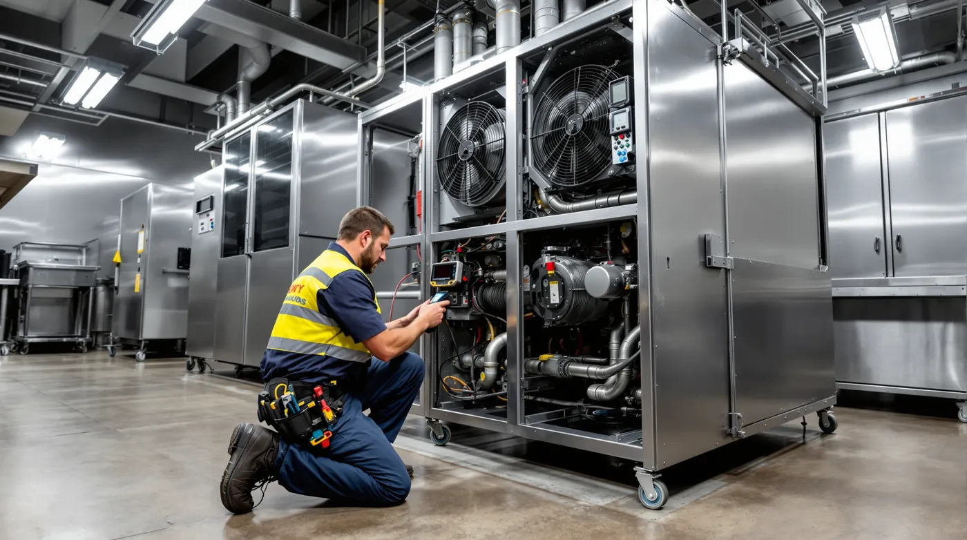 Central Air technician providing emergency repair on commercial refrigeration equipment